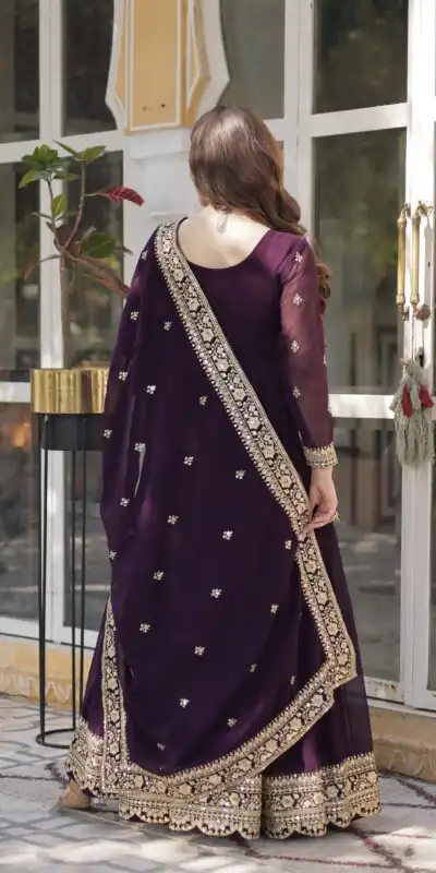 KA 1153 Wine Faux Blooming Gown with Embroidery Work & Zari Work. Available at ₹2599 only. Delivery 4-6 Working Days. Shop now. | Bollywood Gowns, Creative Gowns, Designer Gowns, Embroidered Gowns, Gowns, Party Wear Gowns