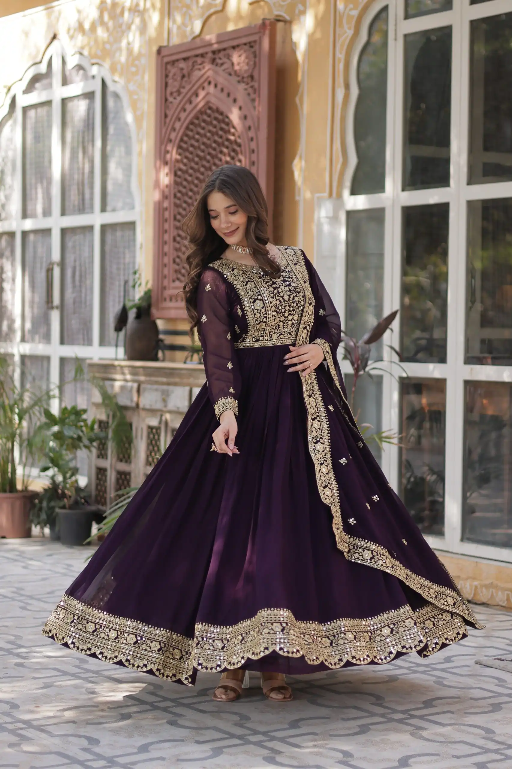 KA 1153 Wine Faux Blooming Gown with Embroidery Work & Zari Work. Available at ₹2599 only. Delivery 4-6 Working Days. Shop now. | Bollywood Gowns, Creative Gowns, Designer Gowns, Embroidered Gowns, Gowns, Party Wear Gowns