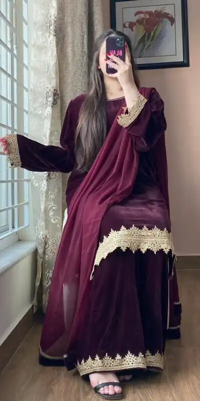 BE 419 Wine Georgette Salwar Suit with Lace Work & Embroidery Work. Get it for ₹1849. Delivery 4-6 Working Days. Shop now. | Casual Suits, Jump Suits, Tops & Bottoms, Track Suits, Trendy Wear, Creative suits, Designer Suits, Palazzo Suits, Party Wear Suits, Patiala Suits, Salwar suit, Straight Suits
