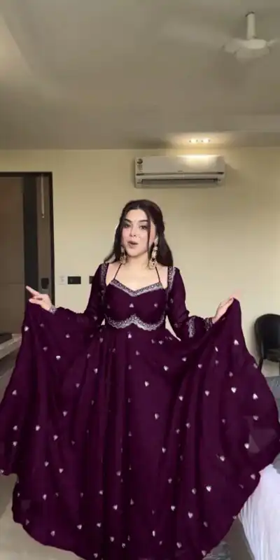 RTC 5924 Wine Georgette Thread With Sequence Gown Perfect for Wedding, Party, Reception, Holi, Eid . Available at ₹1999 only. Delivery 4-6 Working Days. | Bollywood Gowns, Creative Gowns, Designer Gowns, Embroidered Gowns, Gowns, Party Wear Gowns