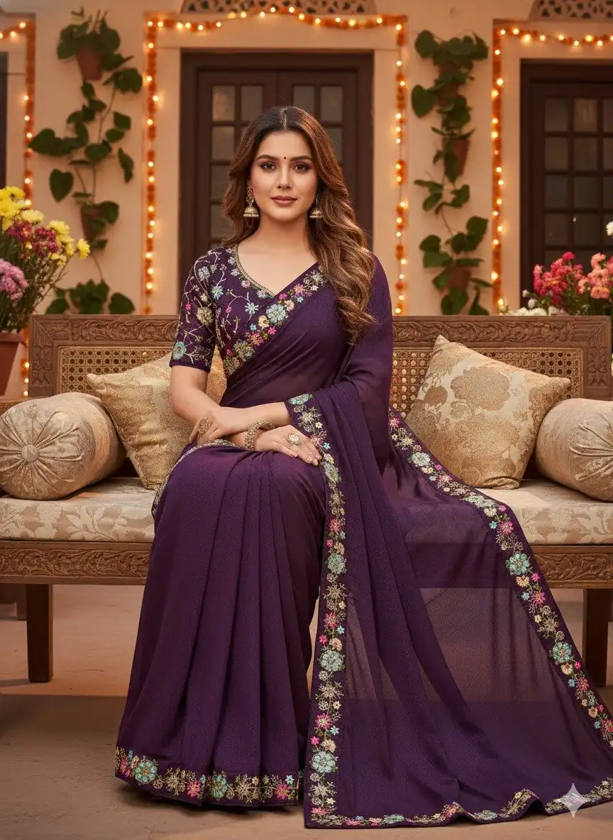 JR 658 Wine in Color Star Georgette ace Work & Embroidery Work Saree . Now at just ₹1699. Delivery 4-6 Working Days. Shop now. | Creative Sarees, Embroidered Sarees, Bollywood Sarees, Designer Sarees, Ethnic Saree, Modern Digital sarees, Party Wear Sarees, Sarees
