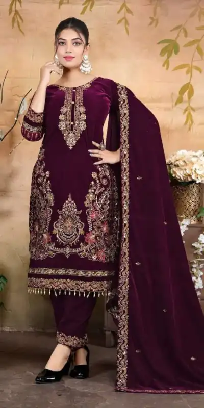 FC 1198 Wine Velvet Salwar Suit with Embroidery Work & Lace Work. Festive Deal ₹2549. Delivery 4-6 Working Days. Shop now. | Casual Suits, Jump Suits, Tops & Bottoms, Track Suits, Trendy Wear, Creative suits, Designer Suits, Palazzo Suits, Party Wear Suits, Patiala Suits, Salwar suit, Straight Suits