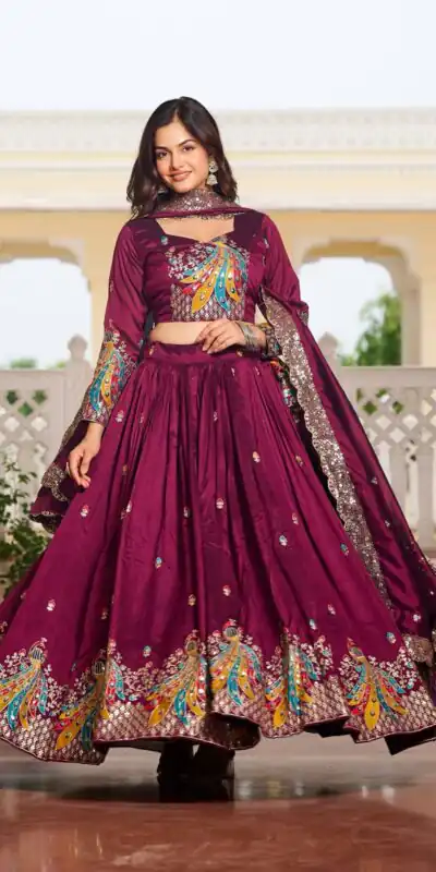 Ram 113 Wine Color Vichitra Lehenga Choli with Embroidery Work. Exclusive Offer ₹3099. Delivery 4-6 Working Days. Shop now. | Bollywood Lehenga, Creative Lehenga, Designer Lehenga, Embroidered Lehenga, Lehenga, Party Wear Lehenga