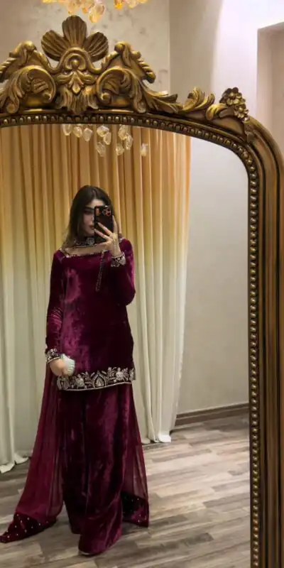 KD 1545 Wine Viscose Velvet Salwar Suit Perfect for Wedding, Party, Makar Sankranti, Housewarming, Family Gatherings – . Now at just ₹2049. Delivery 4- | Casual Suits, Jump Suits, Creative suits, Designer Suits, Palazzo Suits, Party Wear Suits, Patiala Suits, Salwar suit, Straight Suits