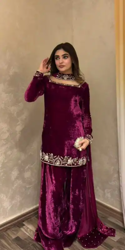 KD 1545 Wine Viscose Velvet Salwar Suit Perfect for Wedding, Party, Makar Sankranti, Housewarming, Family Gatherings – . Now at just ₹2049. Delivery 4- | Casual Suits, Jump Suits, Creative suits, Designer Suits, Palazzo Suits, Party Wear Suits, Patiala Suits, Salwar suit, Straight Suits