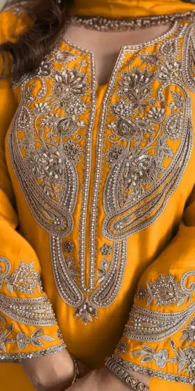 ZSR 3097 Yellow Pure Chinnon Silk With Embroidery Sequence Work With Full Sleeve Salwar Suit Wedding, Party, Festive, Events Exclusive Offer ₹1899. D | Casual Suits, Jump Suits, Tops & Bottoms, Track Suits, Trendy Wear, Creative suits, Designer Suits, Palazzo Suits, Party Wear Suits, Patiala Suits, Salwar suit, Straight Suits