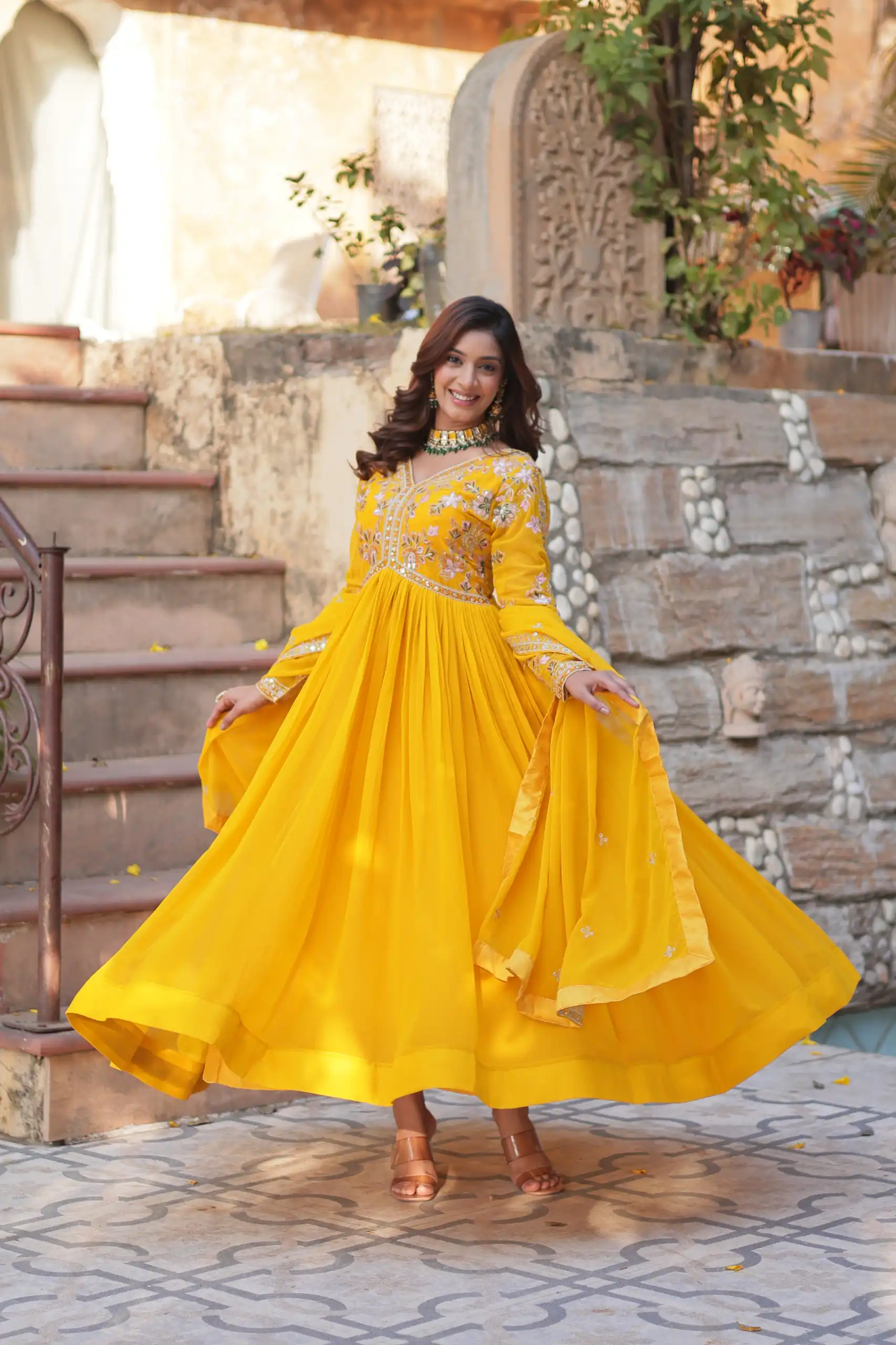 KA 1147 Yellow in Color Faux Blooming Embroidery Work & Zari Work Gown . Grab it for ₹2049. Delivery 4-6 Working Days. Shop now. | Bollywood Gowns, Creative Gowns, Designer Gowns, Embroidered Gowns, Gowns, Party Wear Gowns
