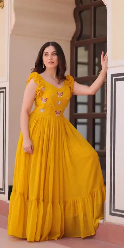 KA 1174 Yellow Faux Blooming Gown Perfect for Wedding, Party, Housewarming, Baby Shower, Raksha Bandhan – . Now at just ₹1699. Delivery 4-6 Working Dasy | Bollywood Gowns, Creative Gowns, Designer Gowns, Embroidered Gowns, Gowns, Party Wear Gowns