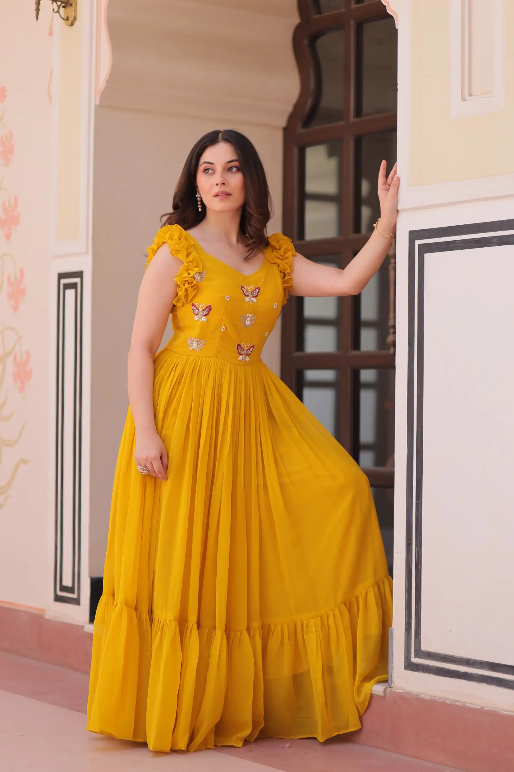 KA 1174 Yellow Faux Blooming Gown Perfect for Wedding, Party, Housewarming, Baby Shower, Raksha Bandhan – . Now at just ₹1699. Delivery 4-6 Working Dasy | Bollywood Gowns, Creative Gowns, Designer Gowns, Embroidered Gowns, Gowns, Party Wear Gowns