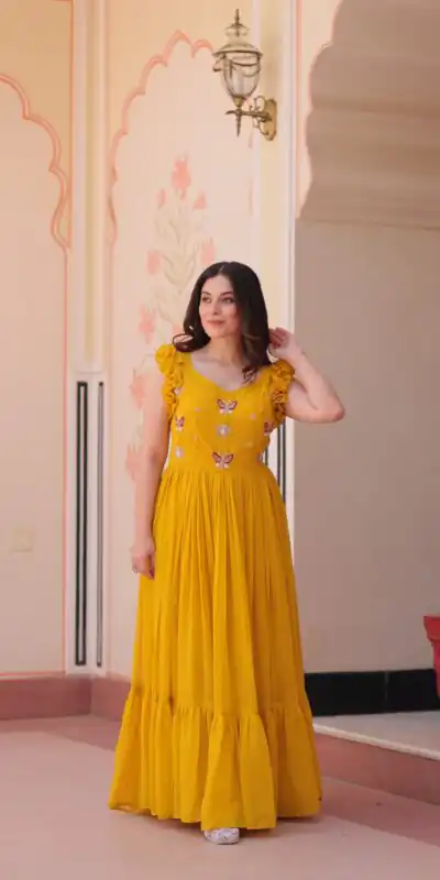 KA 1174 Yellow Faux Blooming Gown Perfect for Wedding, Party, Housewarming, Baby Shower, Raksha Bandhan – . Now at just ₹1699. Delivery 4-6 Working Dasy | Bollywood Gowns, Creative Gowns, Designer Gowns, Embroidered Gowns, Gowns, Party Wear Gowns
