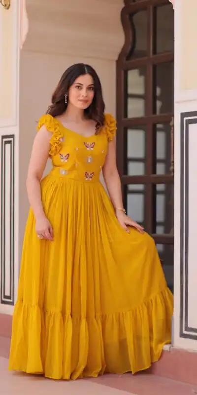 KA 1174 Yellow Faux Blooming Gown Perfect for Wedding, Party, Housewarming, Baby Shower, Raksha Bandhan – . Now at just ₹1699. Delivery 4-6 Working Dasy | Bollywood Gowns, Creative Gowns, Designer Gowns, Embroidered Gowns, Gowns, Party Wear Gowns
