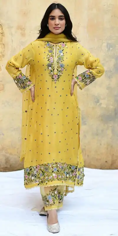 NSR 862 Yellow Faux Georgette Slawar Suit with Embroidery Work & Lace Work. Introductory Price ₹2149. Delivery 4-6 Working Days. Shop now. | Casual Suits, Jump Suits, Tops & Bottoms, Track Suits, Trendy Wear, Creative suits, Designer Suits, Palazzo Suits, Party Wear Suits, Patiala Suits, Salwar suit, Straight Suits