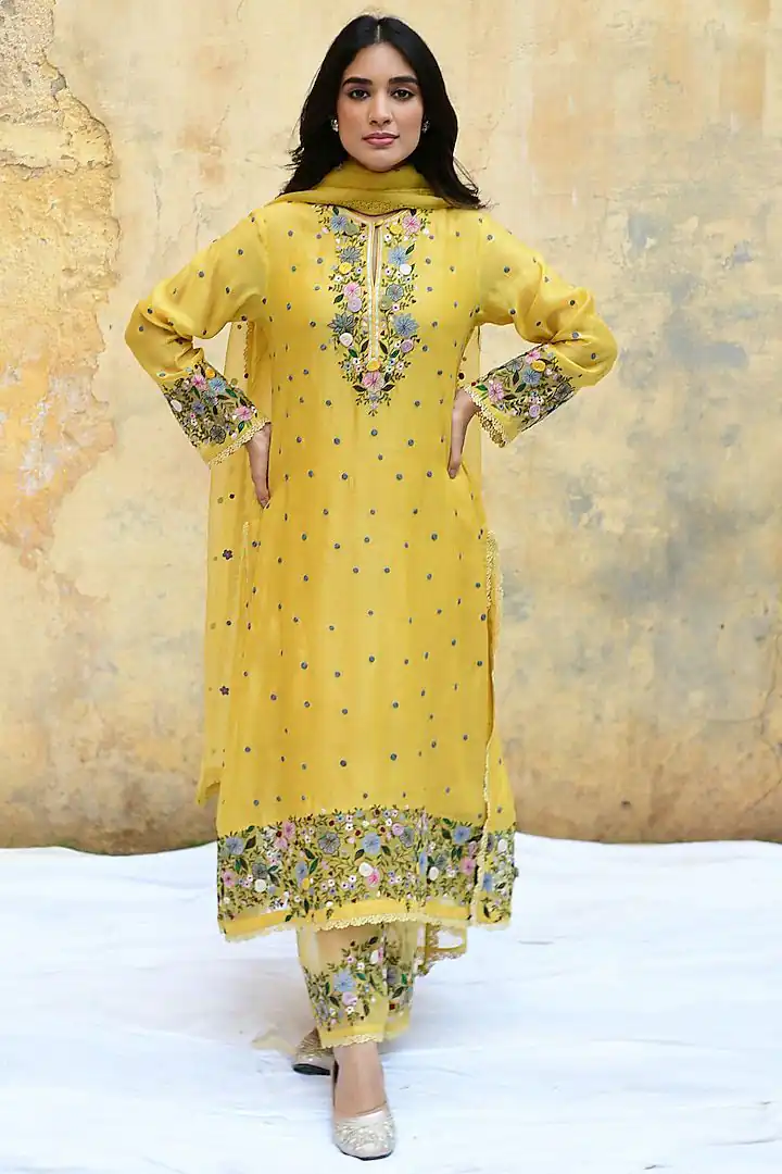 NSR 862 Yellow Faux Georgette Slawar Suit with Embroidery Work & Lace Work. Introductory Price ₹2149. Delivery 4-6 Working Days. Shop now. | Casual Suits, Jump Suits, Tops & Bottoms, Track Suits, Trendy Wear, Creative suits, Designer Suits, Palazzo Suits, Party Wear Suits, Patiala Suits, Salwar suit, Straight Suits