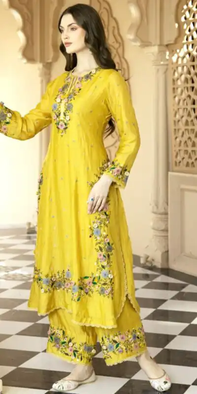 NSR 862 Yellow Faux Georgette Slawar Suit with Embroidery Work & Lace Work. Introductory Price ₹2149. Delivery 4-6 Working Days. Shop now. | Casual Suits, Jump Suits, Tops & Bottoms, Track Suits, Trendy Wear, Creative suits, Designer Suits, Palazzo Suits, Party Wear Suits, Patiala Suits, Salwar suit, Straight Suits