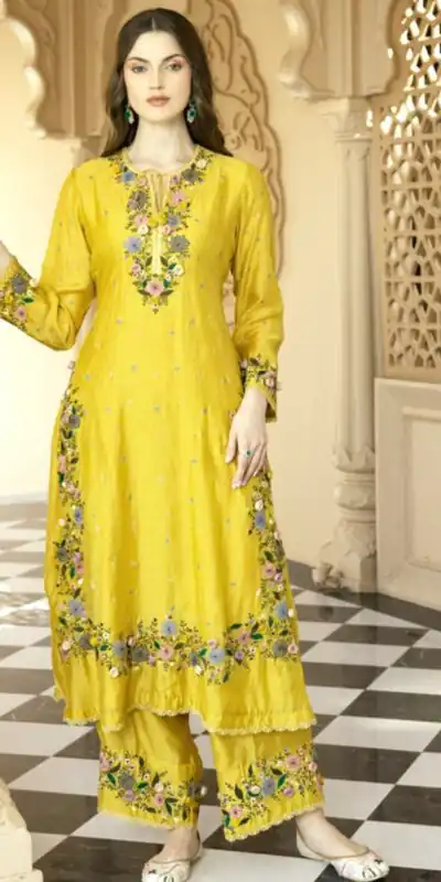 NSR 862 Yellow Faux Georgette Slawar Suit with Embroidery Work & Lace Work. Introductory Price ₹2149. Delivery 4-6 Working Days. Shop now. | Casual Suits, Jump Suits, Tops & Bottoms, Track Suits, Trendy Wear, Creative suits, Designer Suits, Palazzo Suits, Party Wear Suits, Patiala Suits, Salwar suit, Straight Suits