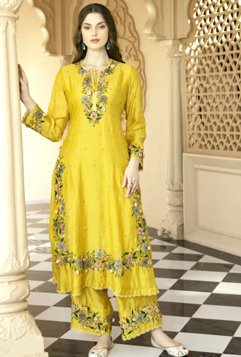 NSR 862 Yellow Faux Georgette Slawar Suit with Embroidery Work & Lace Work. Introductory Price ₹2149. Delivery 4-6 Working Days. Shop now. | Casual Suits, Jump Suits, Tops & Bottoms, Track Suits, Trendy Wear, Creative suits, Designer Suits, Palazzo Suits, Party Wear Suits, Patiala Suits, Salwar suit, Straight Suits