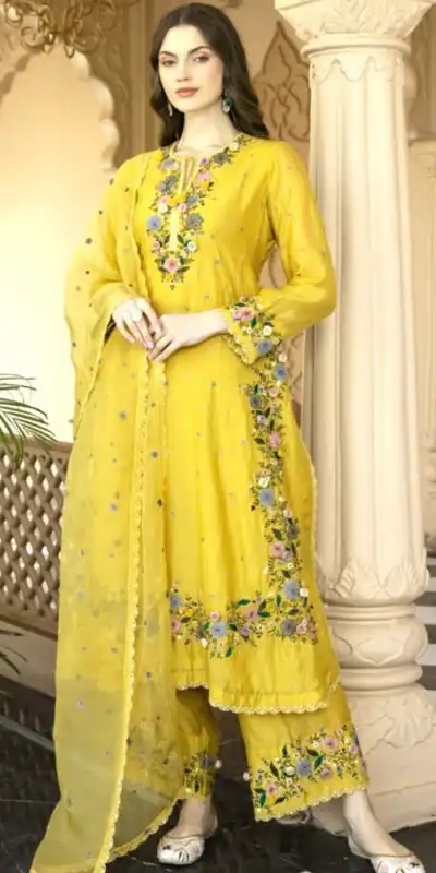 NSR 862 Yellow Faux Georgette Slawar Suit with Embroidery Work & Lace Work. Introductory Price ₹2149. Delivery 4-6 Working Days. Shop now. | Casual Suits, Jump Suits, Tops & Bottoms, Track Suits, Trendy Wear, Creative suits, Designer Suits, Palazzo Suits, Party Wear Suits, Patiala Suits, Salwar suit, Straight Suits