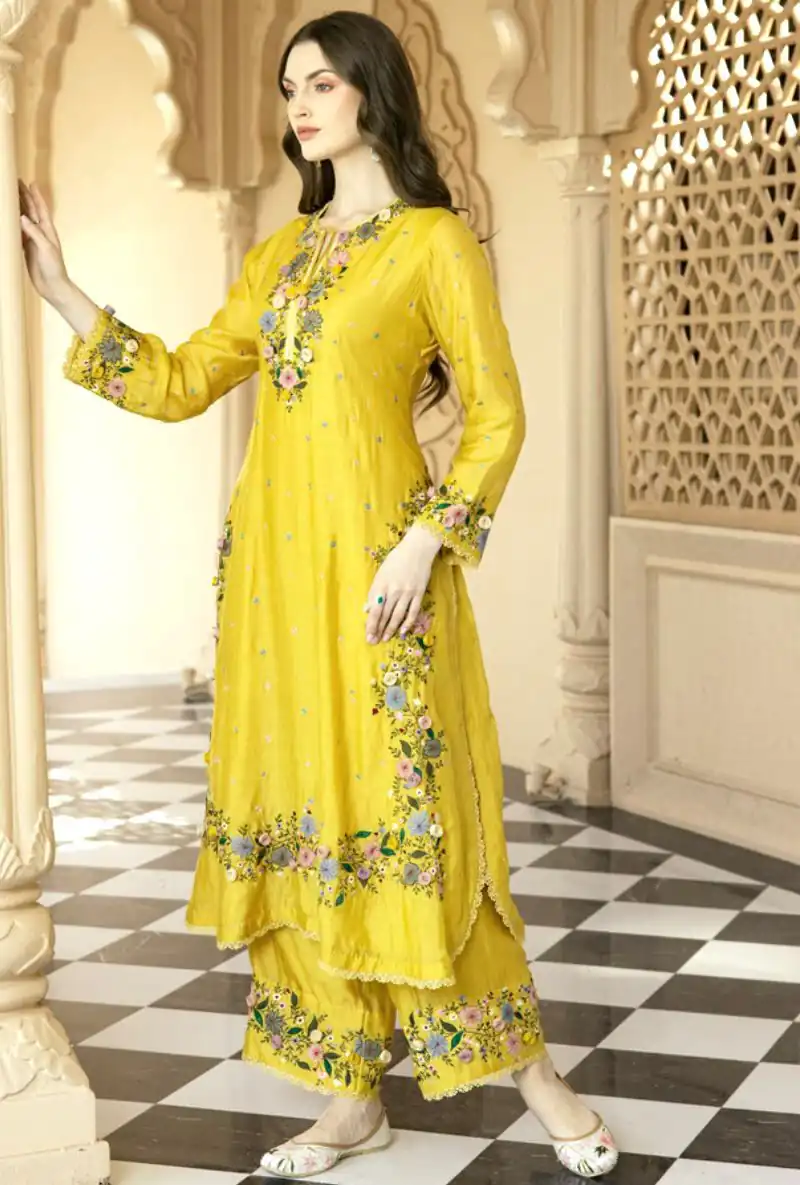 NSR 862 Yellow Faux Georgette Slawar Suit with Embroidery Work & Lace Work. Introductory Price ₹2149. Delivery 4-6 Working Days. Shop now. | Casual Suits, Jump Suits, Tops & Bottoms, Track Suits, Trendy Wear, Creative suits, Designer Suits, Palazzo Suits, Party Wear Suits, Patiala Suits, Salwar suit, Straight Suits