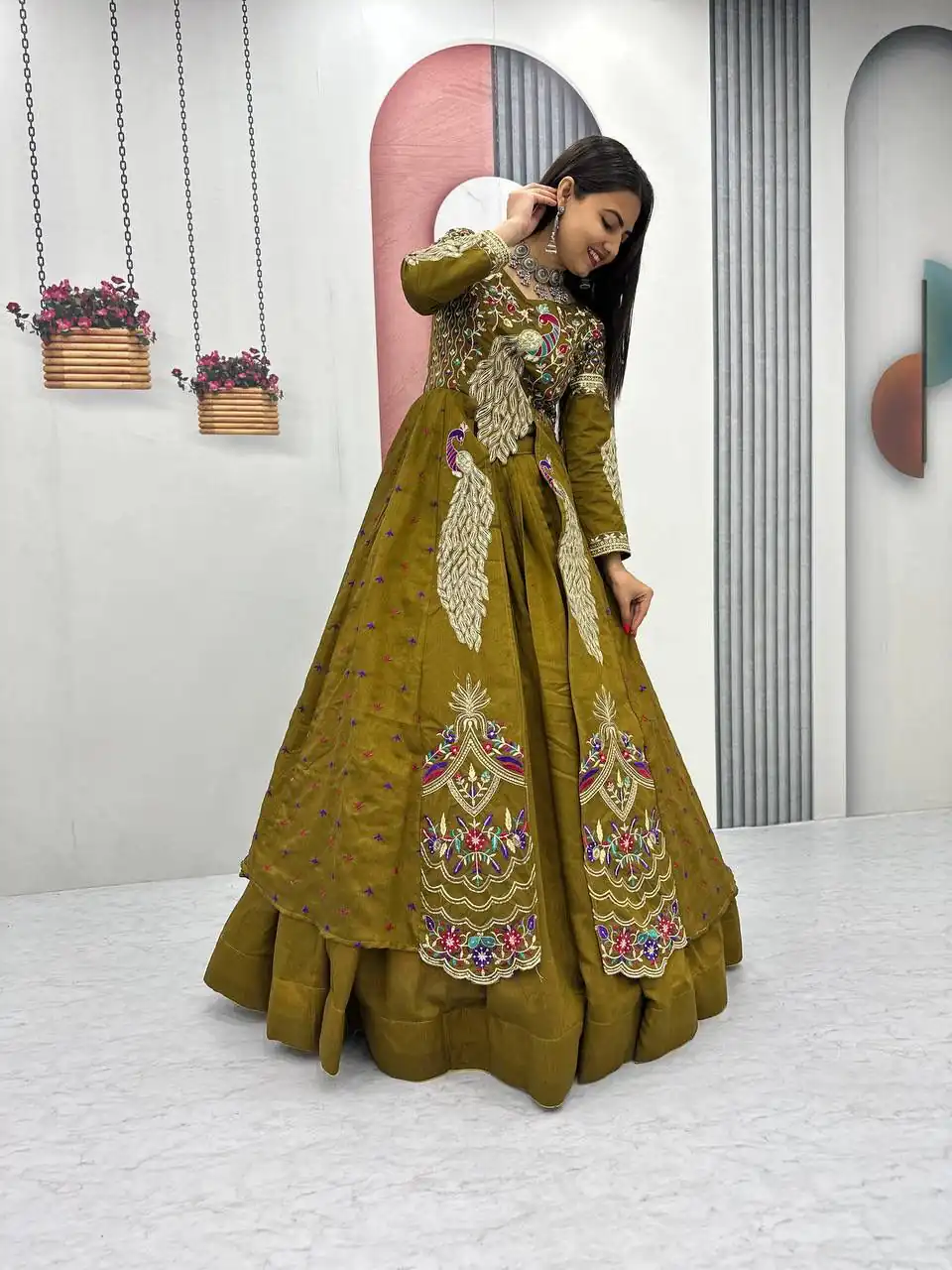 Mustered Vichitra Sequence Work Lehenga Choli - Image 2