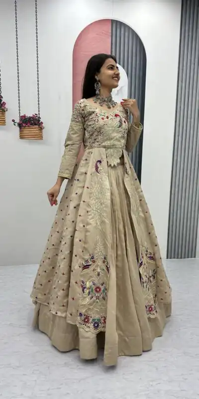 Cream Vichitra Sequence Work Lehenga Choli