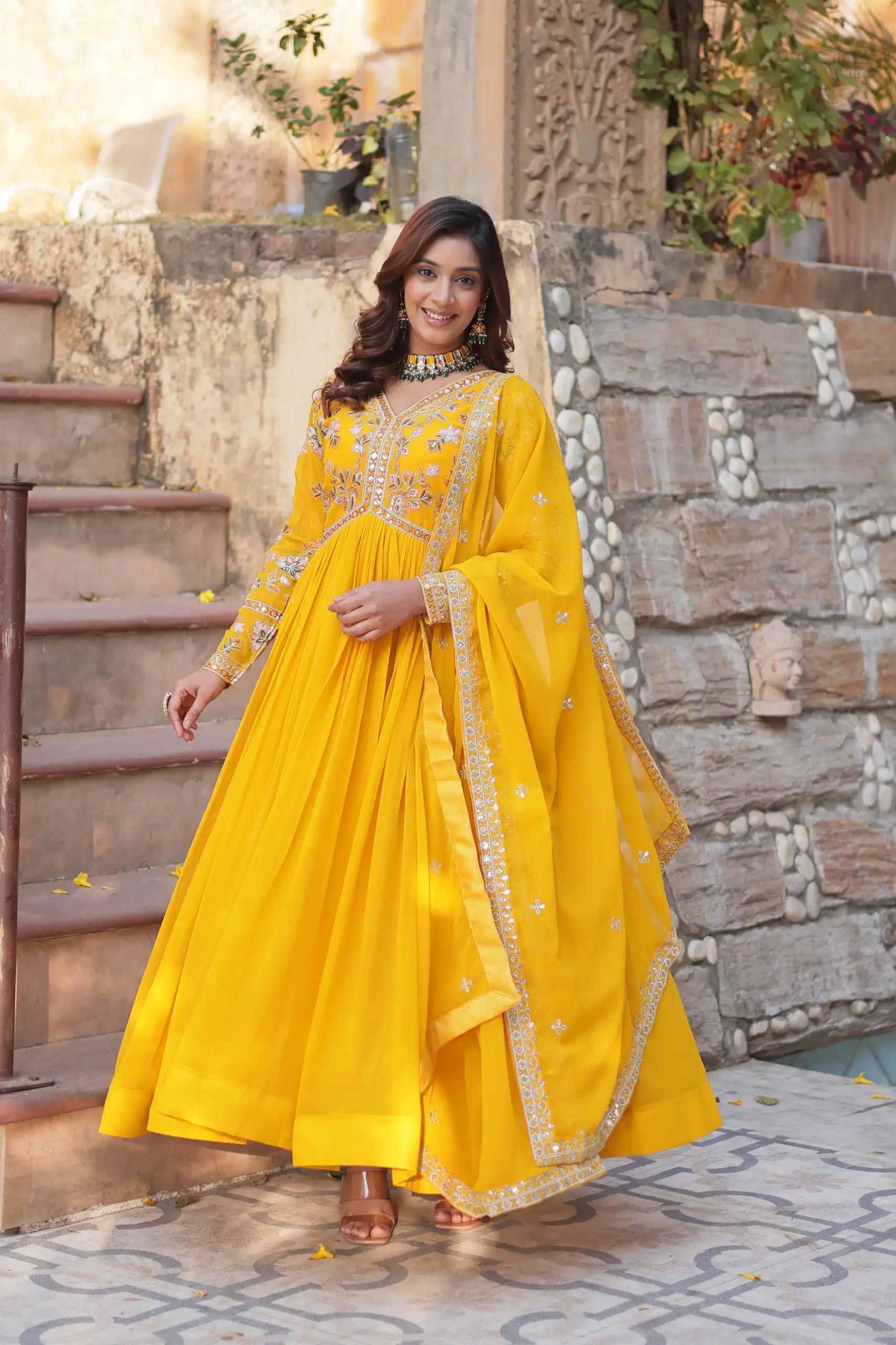 Yellow Faux Blooming Sequins Zari Work Gown