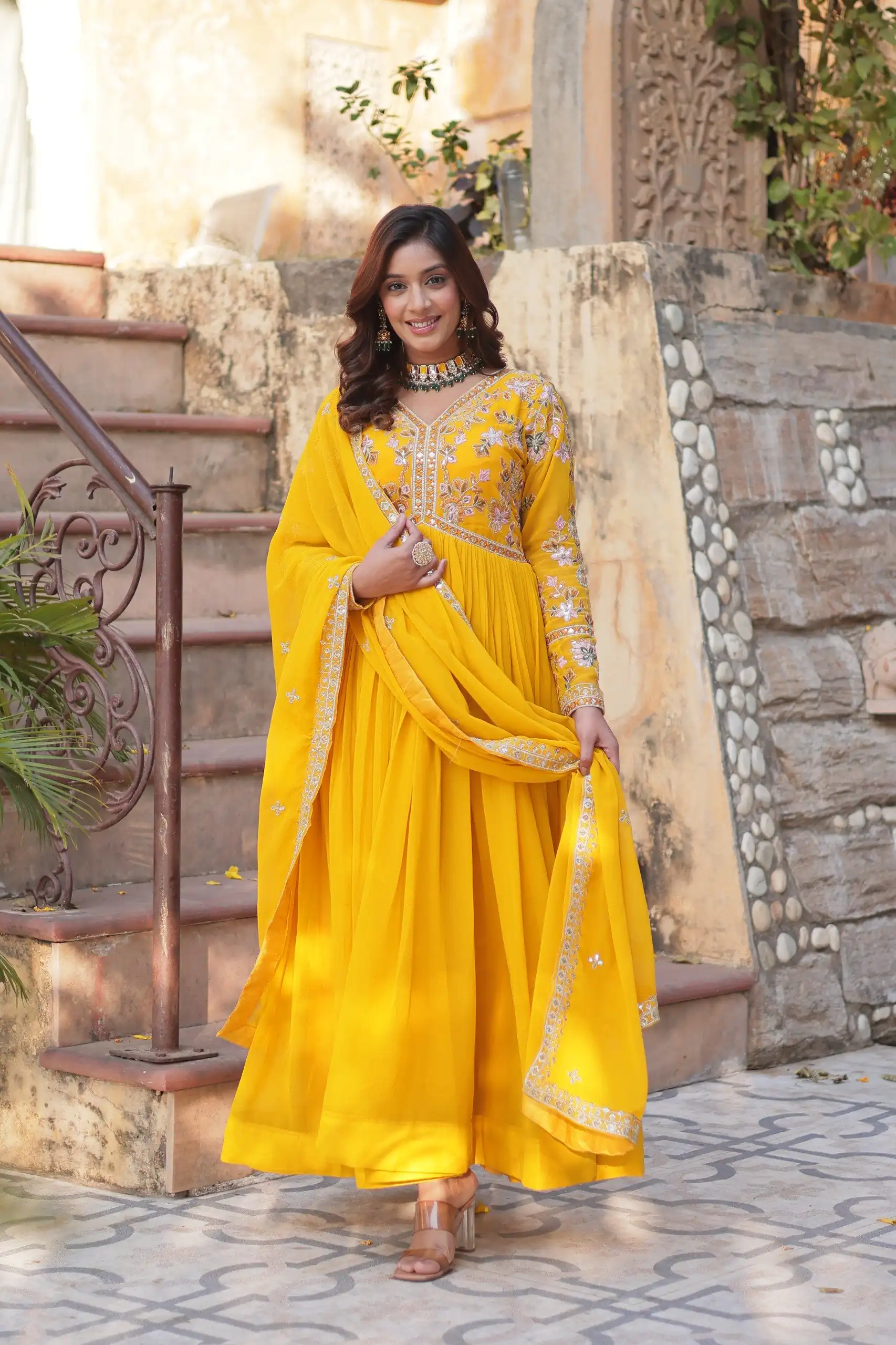 Yellow Faux Blooming Sequins Zari Work Gown - Image 4