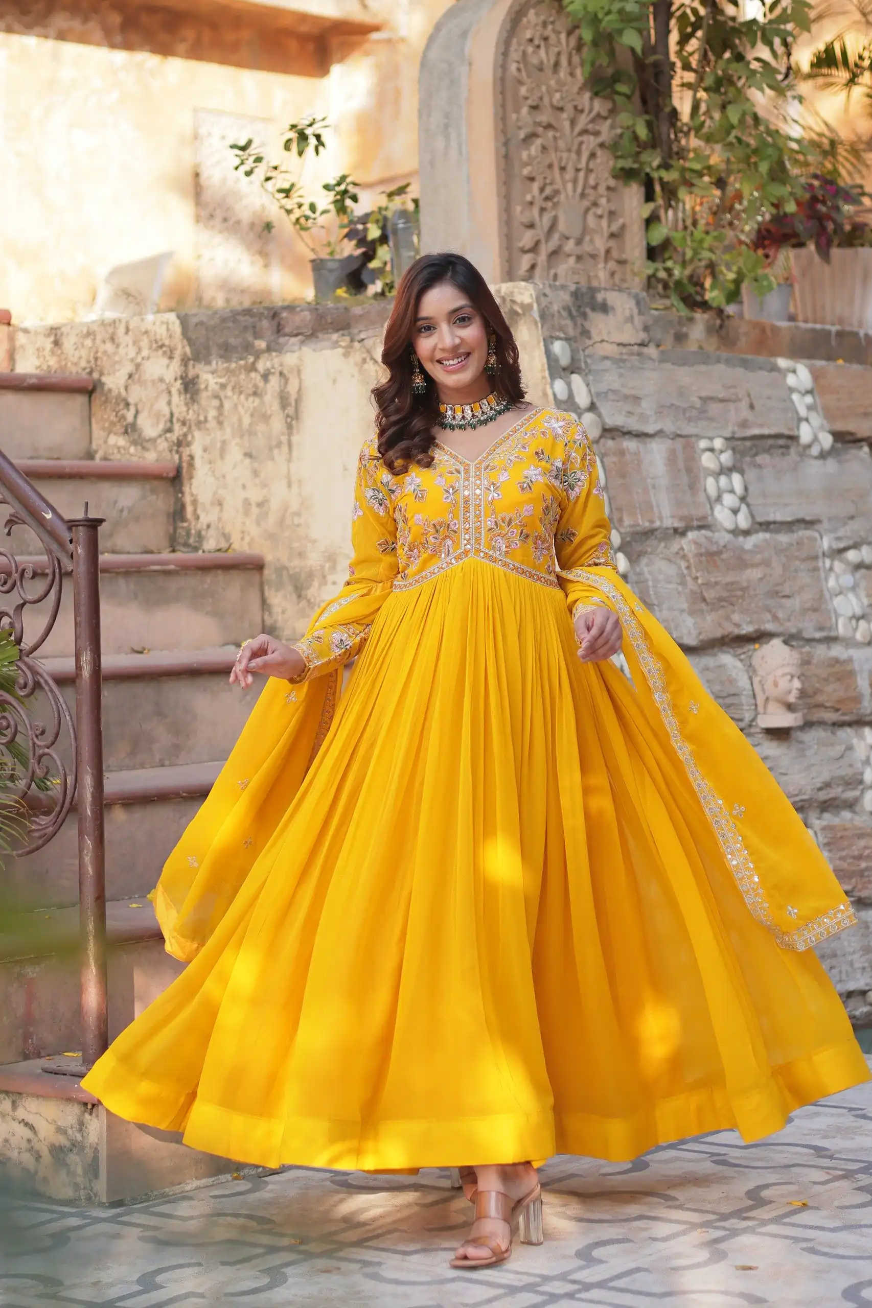 Yellow Faux Blooming Sequins Zari Work Gown - Image 5