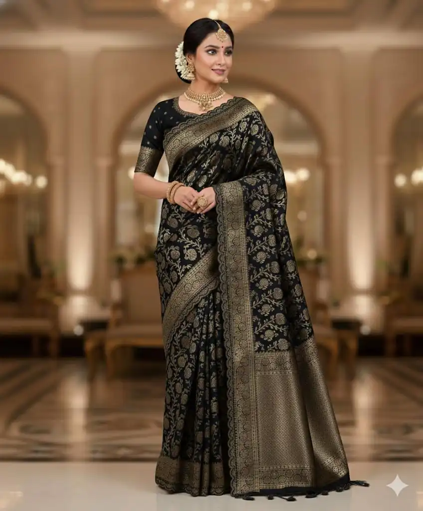 Black Litchi Silk Embroidery Lace Work Saree