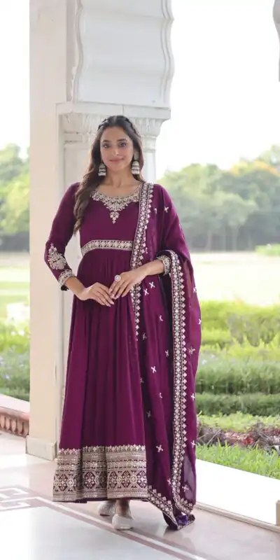 Wine Vichitra Silk Embroidery Sequins Work Gown