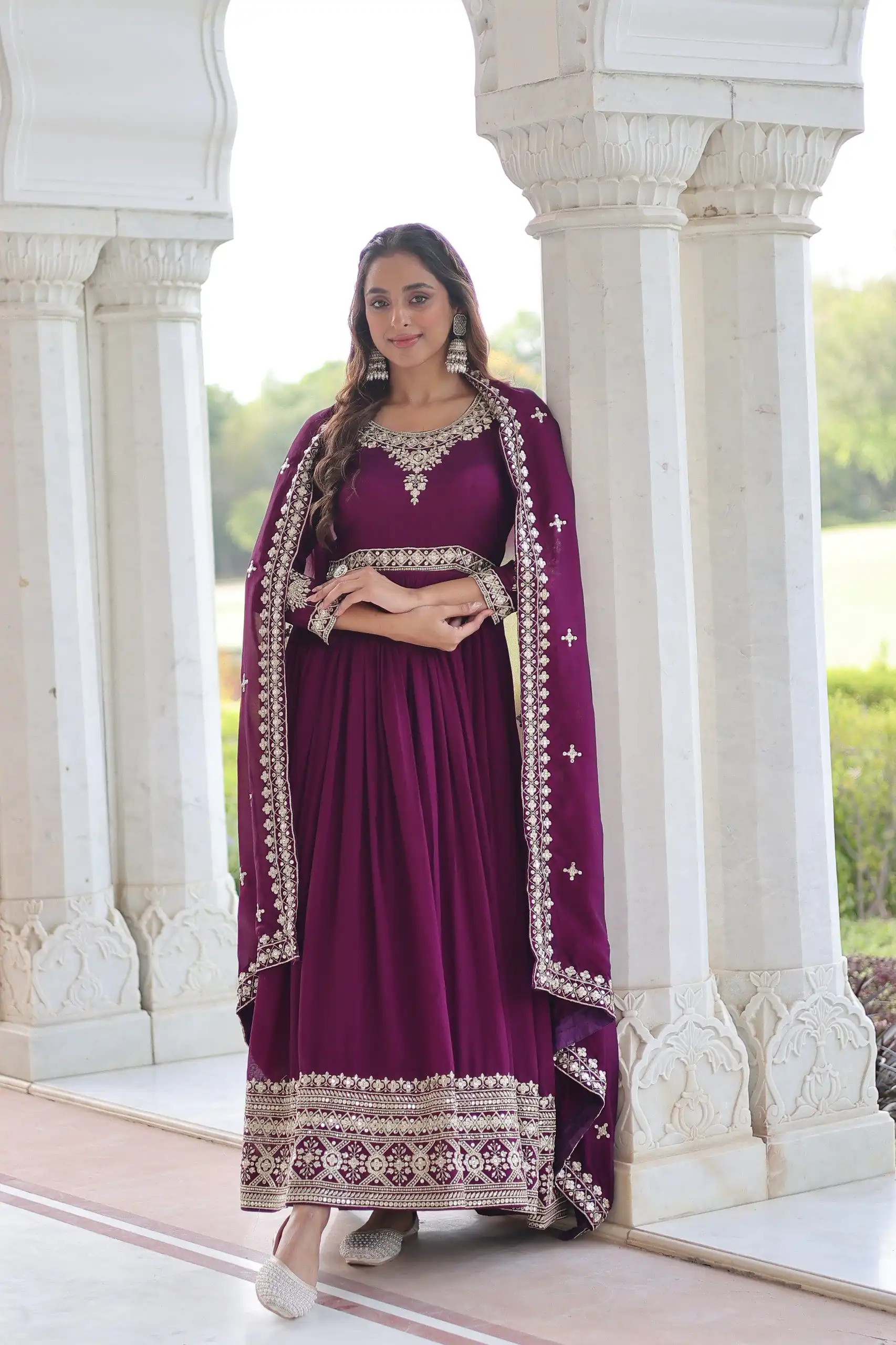 Wine Vichitra Silk Embroidery Sequins Work Gown - Image 4