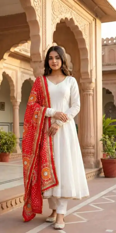 White Roman Silk Digital Print Lace Work Gown