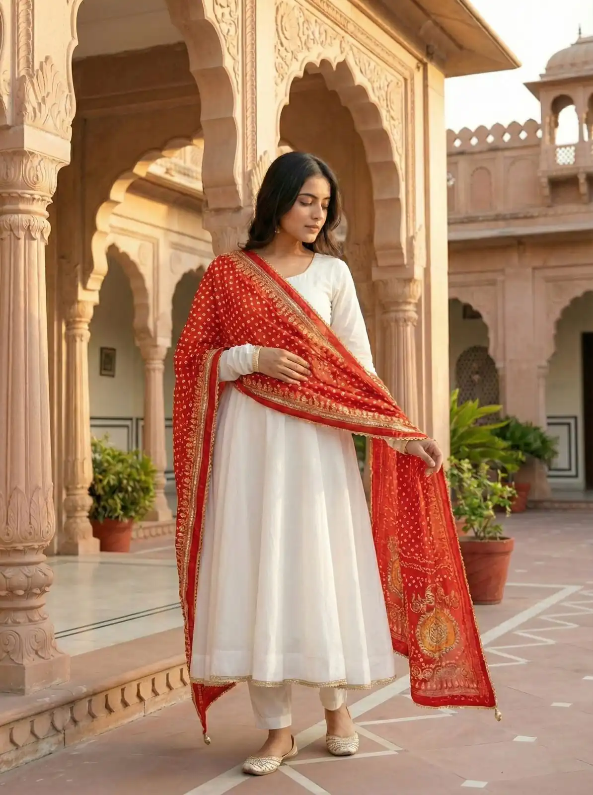White Roman Silk Digital Print Lace Work Gown - Image 2