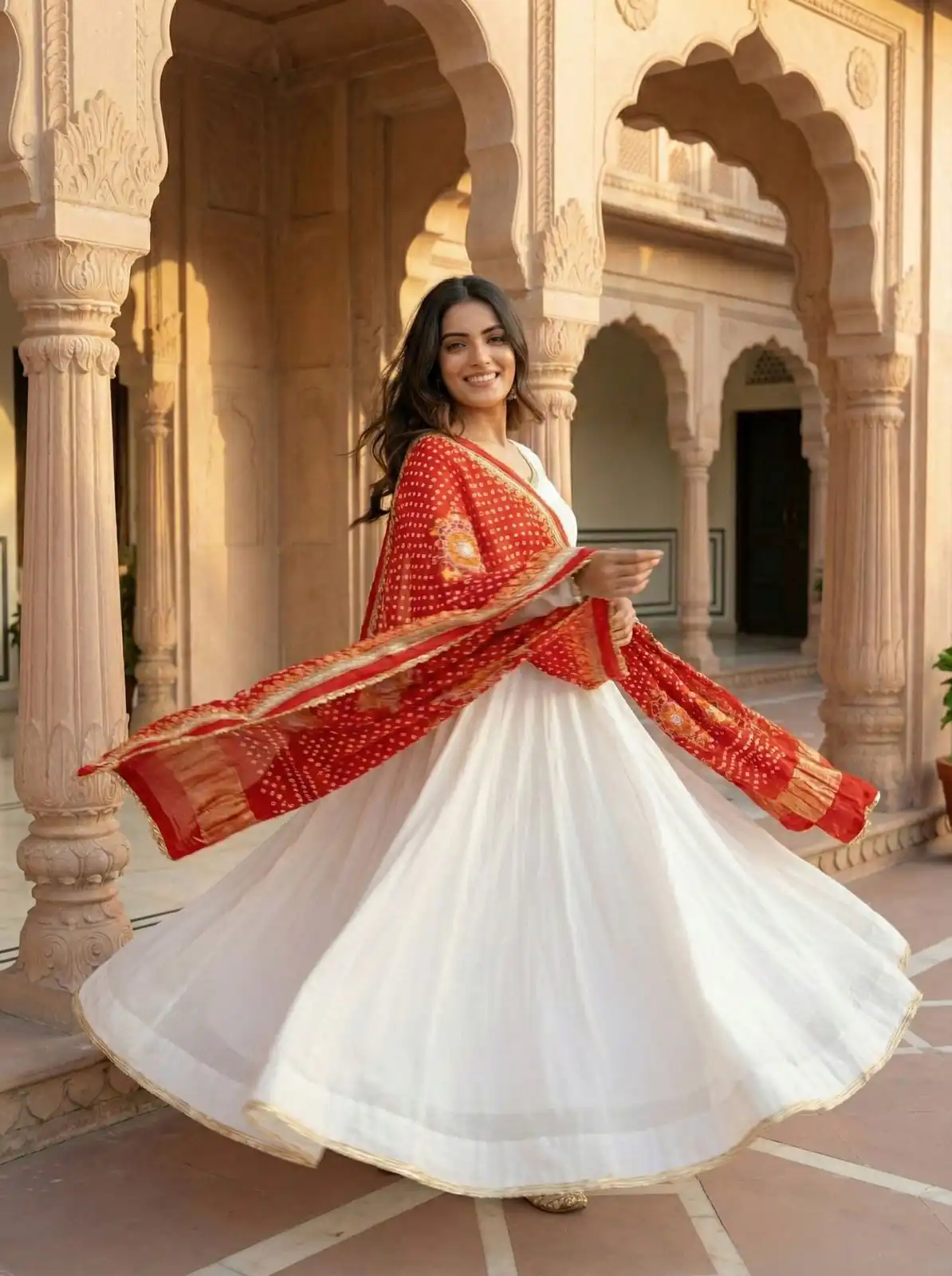 White Roman Silk Digital Print Lace Work Gown - Image 4