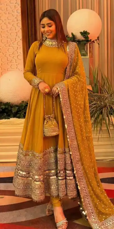 Mustered Roman Silk Embroidery Lace Work Gown