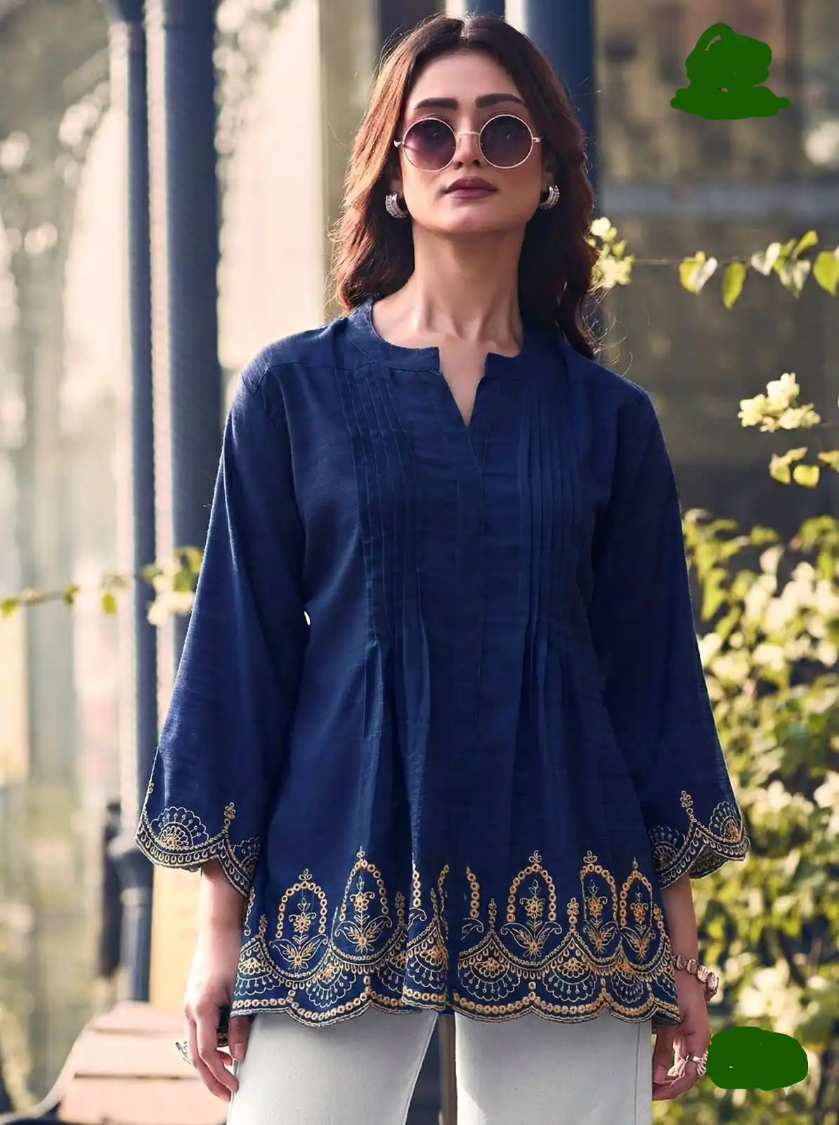 Navy Blue Rayon Cut Work Embroidery Kurti