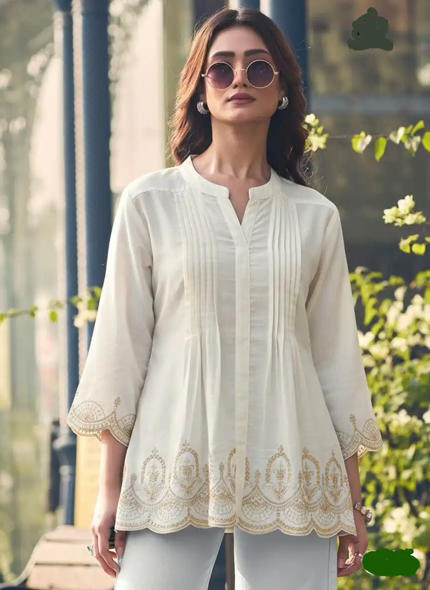 Cream Rayon Cut Work Embroidery Kurti