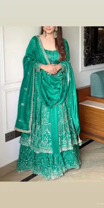 Firozi Crunchy Silk Lace Embroidery Work Gown