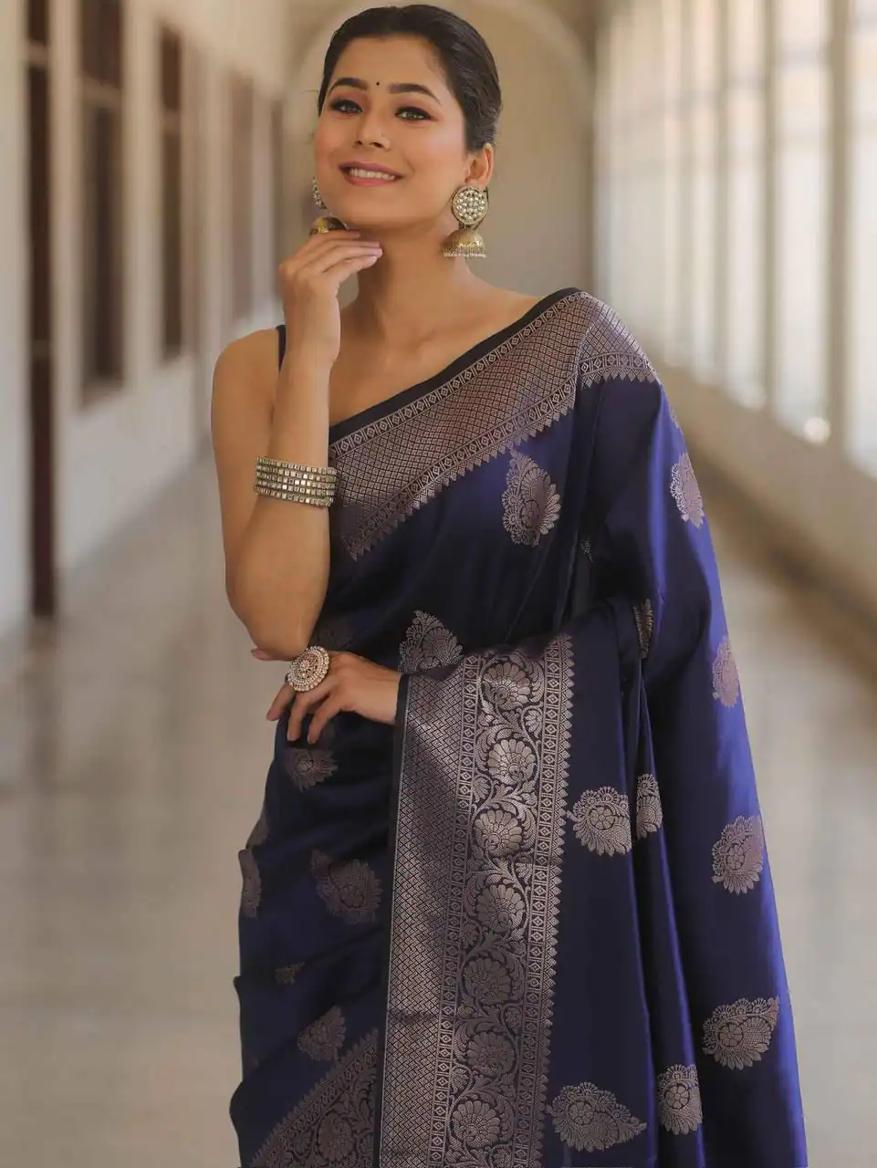 Navy Blue Soft Lichi Silk Rich Pallu Border Saree - Image 6