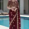 Maroon Fandy Satin Silk Embroidery Zari Work Saree