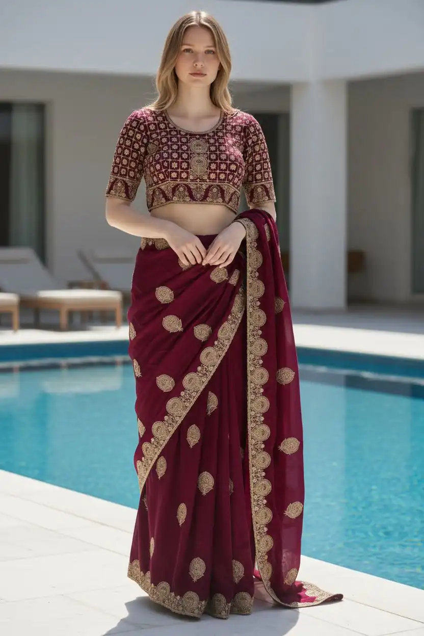 Maroon Fandy Satin Silk Embroidery Zari Work Saree