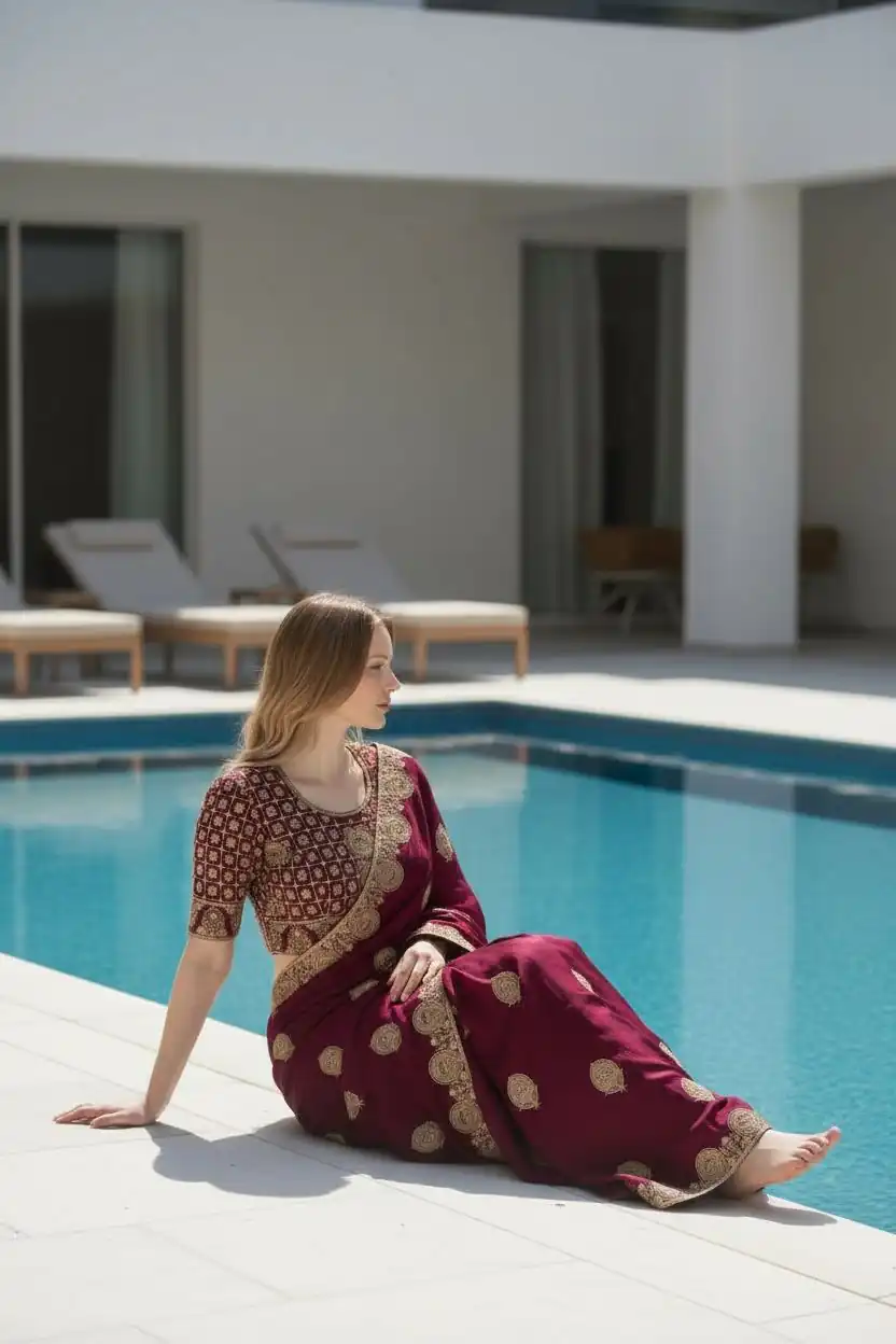 Maroon Fandy Satin Silk Embroidery Zari Work Saree - Image 2