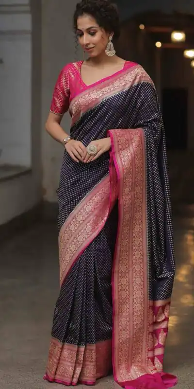 Navy Blue Soft Lichi Silk Jacquard Rich Pallu Saree