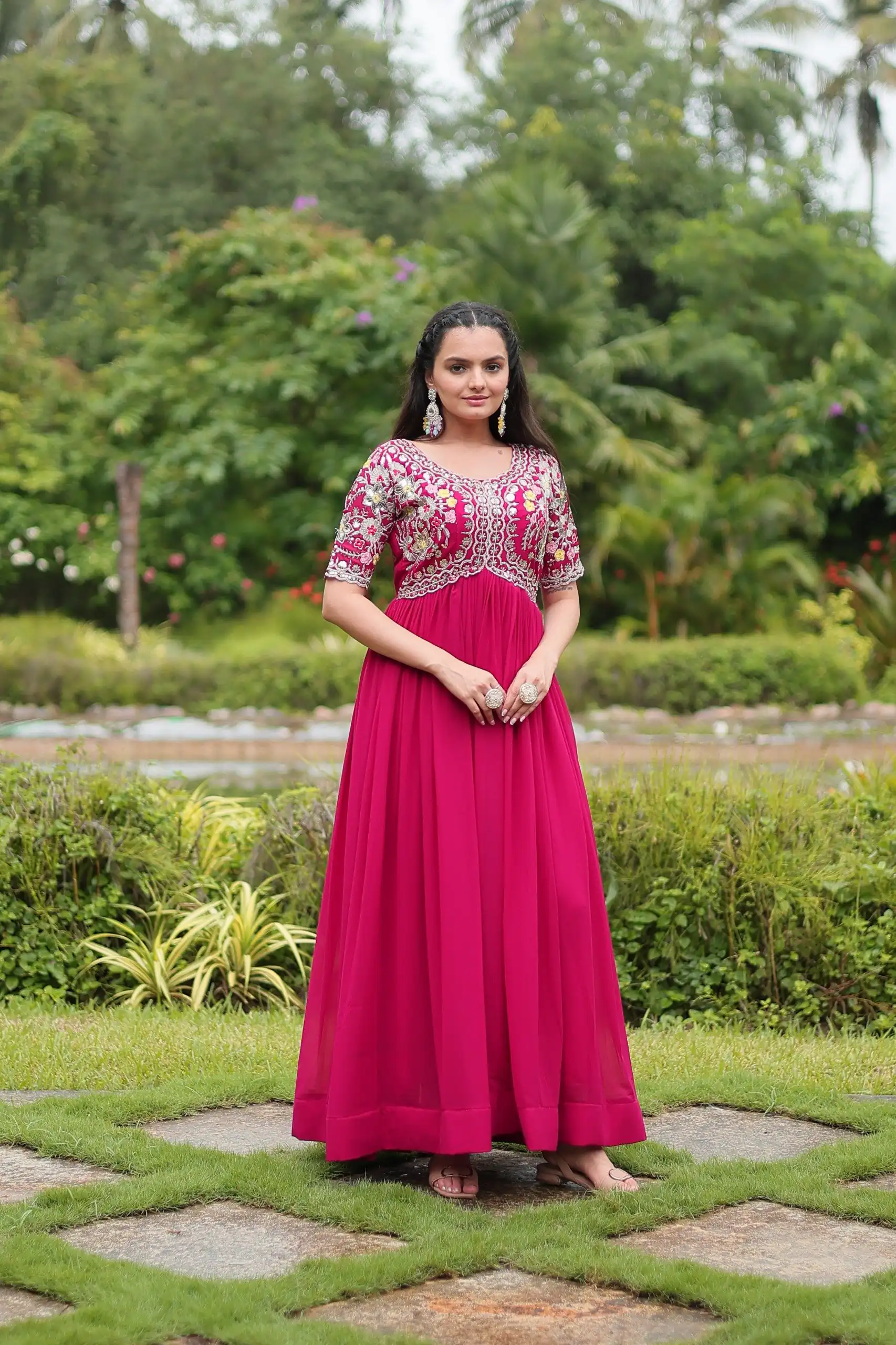 Pink Faux Blooming Embroidery Zari Work Gown