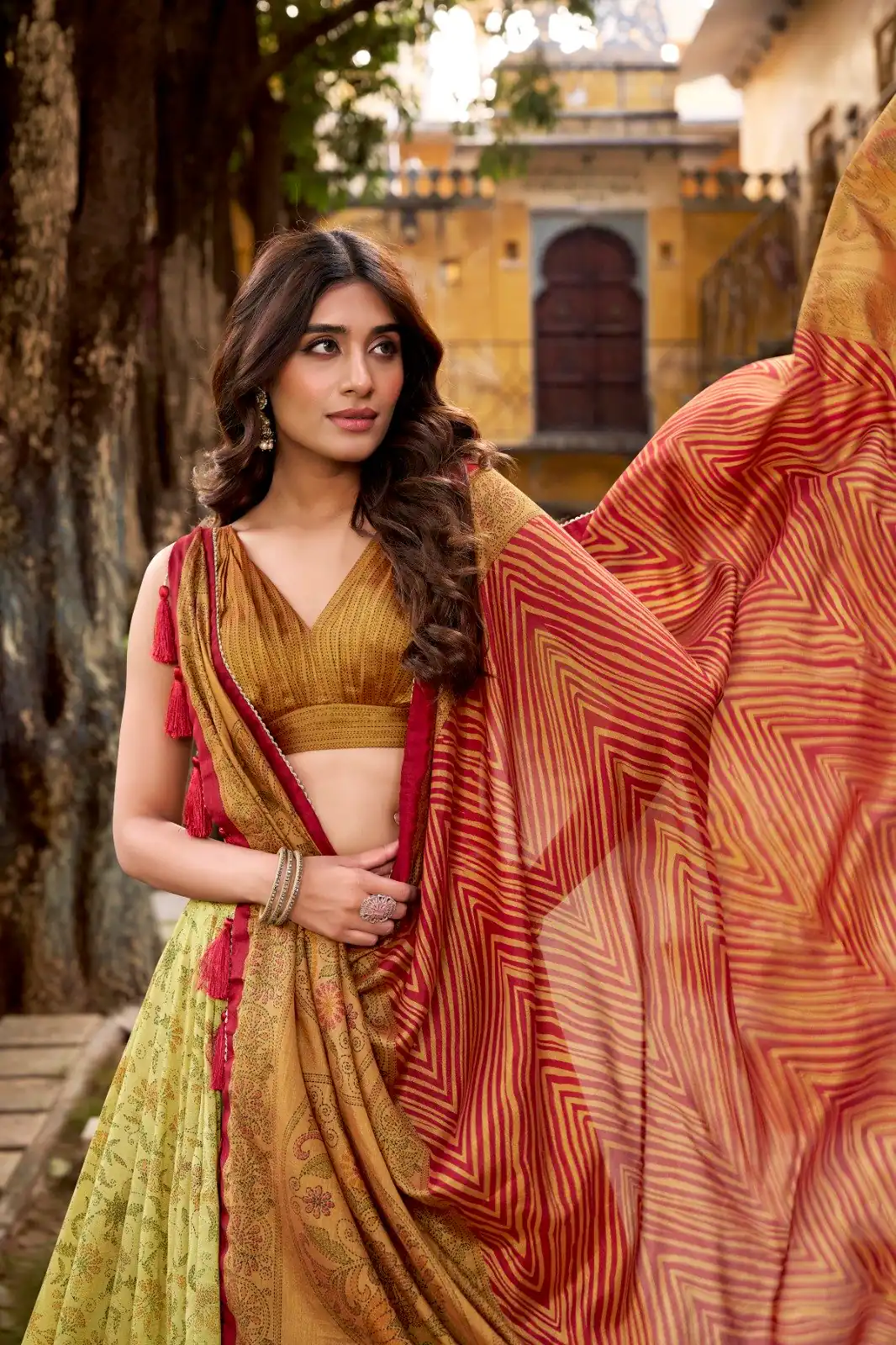 Mustered Vichitra Silk Printed Lehenga Choli - Image 2