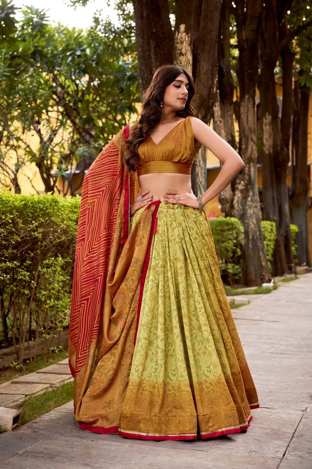 Mustered Vichitra Silk Printed Lehenga Choli