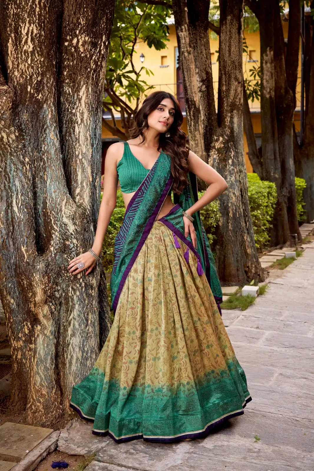 Firozi Vichitra Silk Printed Lehenga Choli