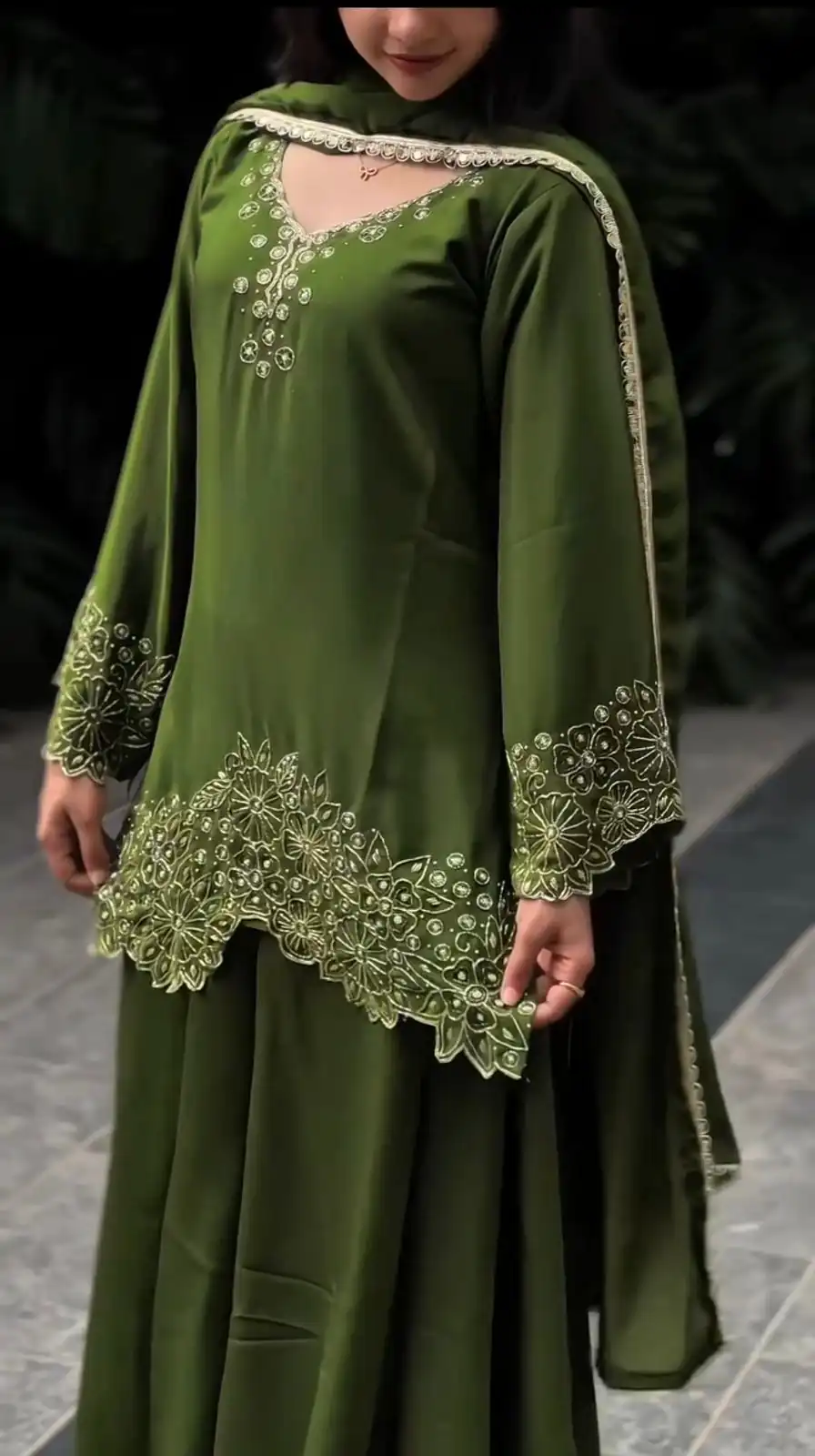 Mahendi Chinon Silk Embroidery Lace Work Salwar Suit