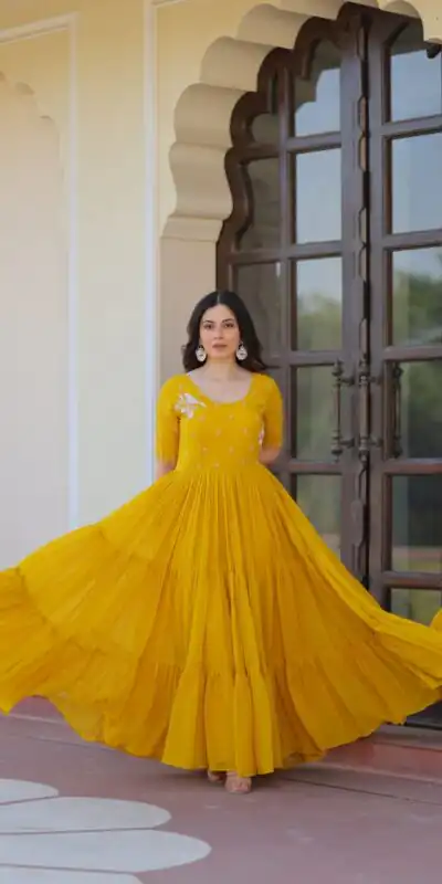Yellow Faux Blooming Embroidery Bead Work Gown