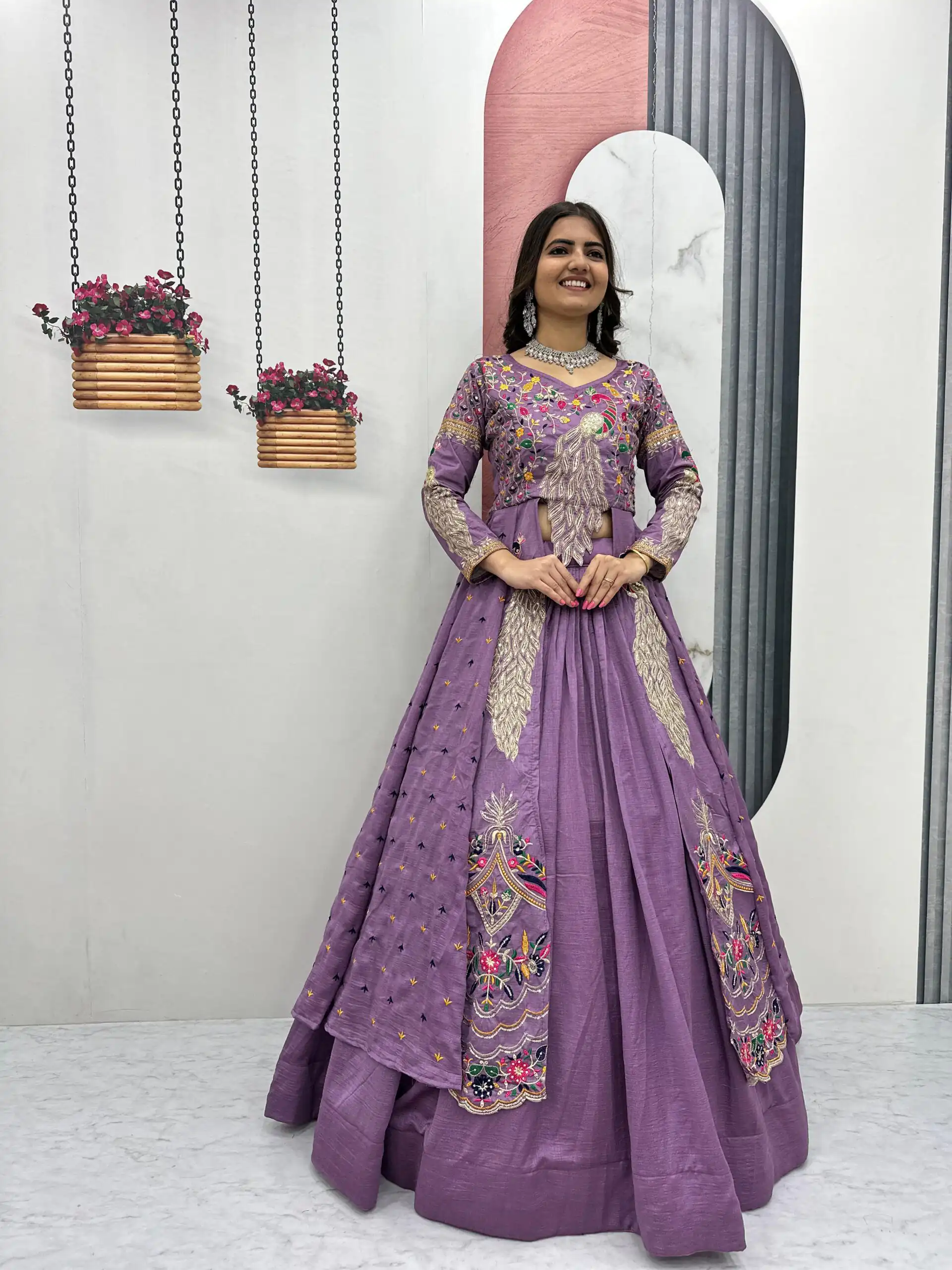 Lavender Vichitra Sequence Work Lehenga Choli