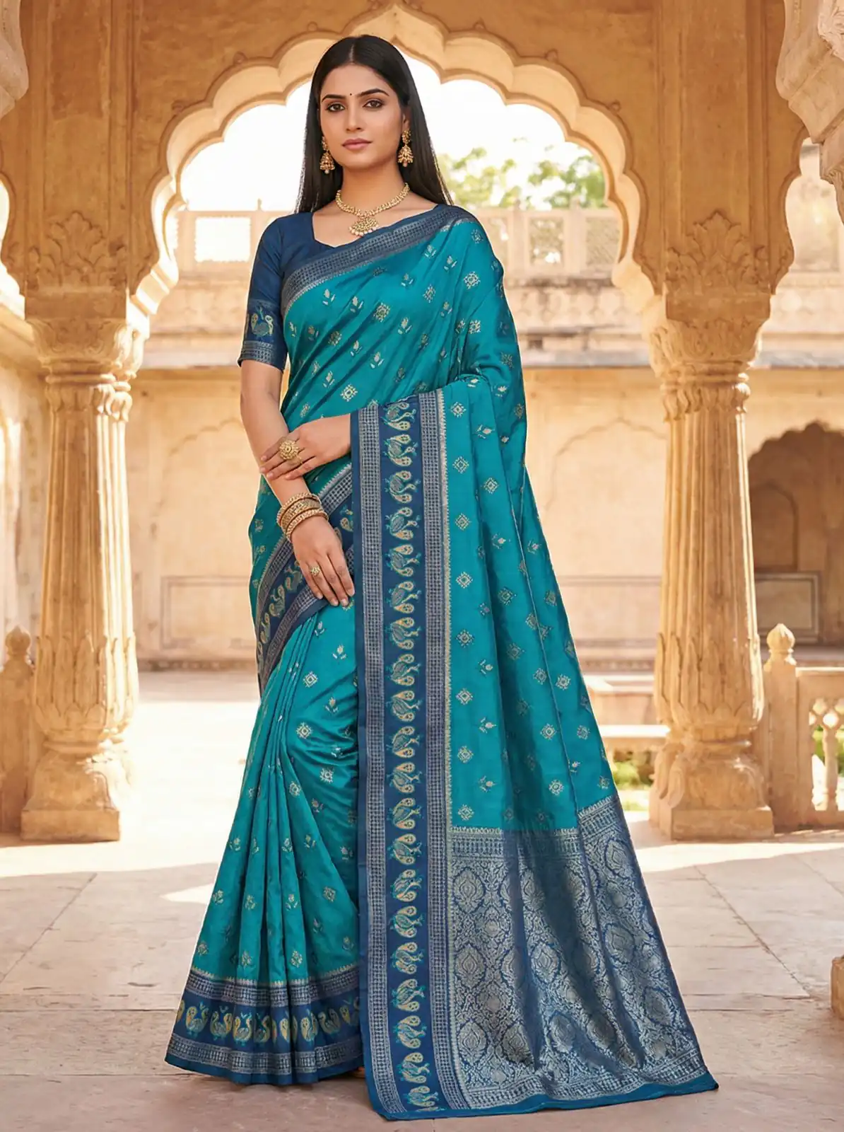 Firozi Pochampalli Silk Lace Zari Work Saree